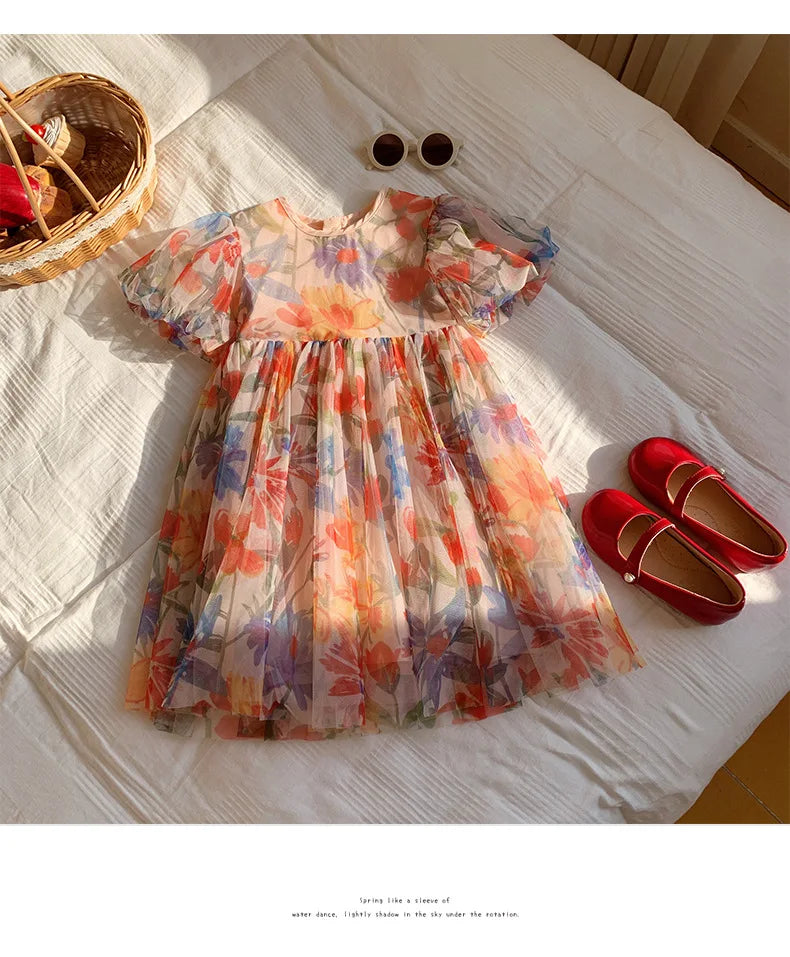 2023 sommer Kinder Kleidung Puff Sleeve Blumen Druck Kleid Für Mädchen Mesh Kinder Kleid für Mädchen.