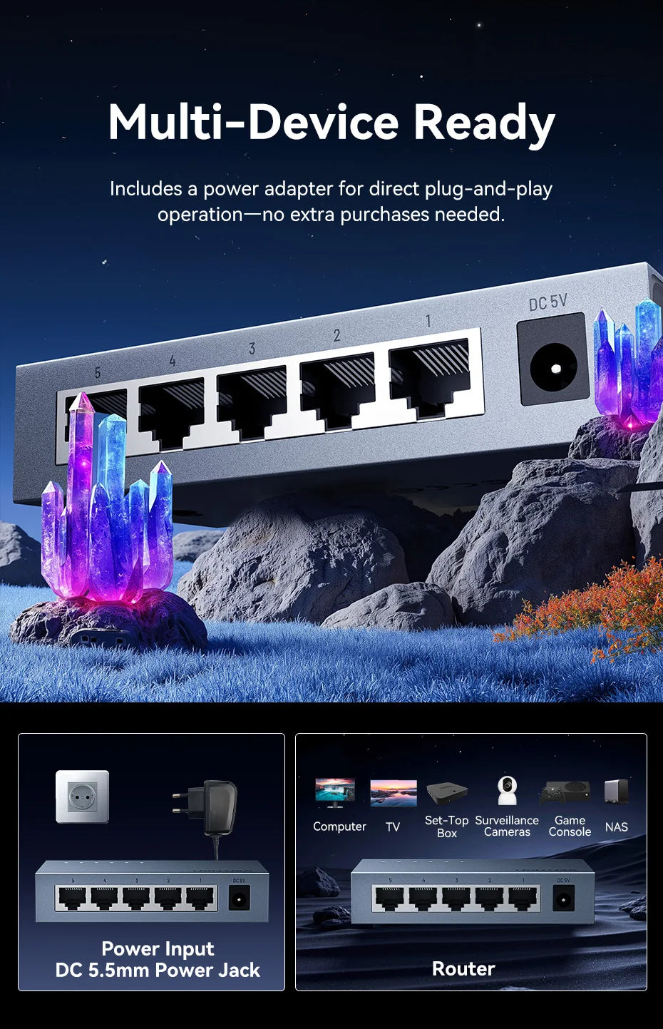 Vention 1000Mbps Gigabit Network Switch Expansion 5 Ports RJ45 Ethernet Switch Splitter Adapter for Router Lan Hub Plug and Play.