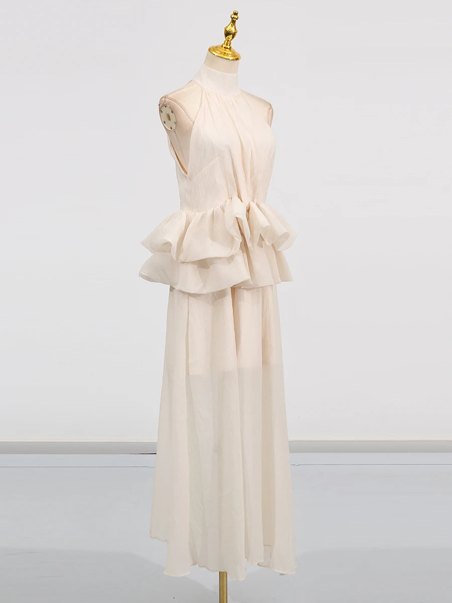 VGH Solide Abend Gespleißt Rüschen Maxi Kleider für Frauen High Neck Ärmellose Tunika Temperament Zeremonie Kleid Weibliche Kleidung.