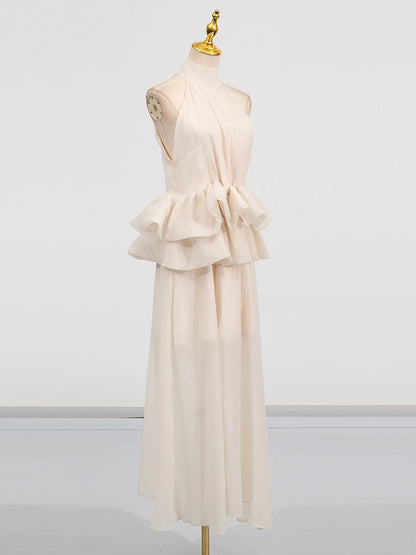 VGH Solide Abend Gespleißt Rüschen Maxi Kleider für Frauen High Neck Ärmellose Tunika Temperament Zeremonie Kleid Weibliche Kleidung.