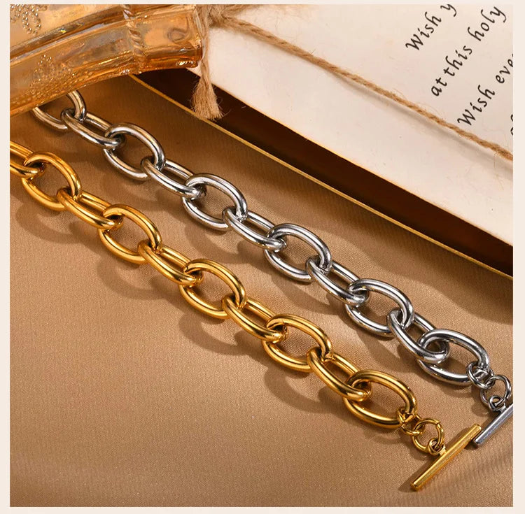 Chunky Bold Toggle Bracelets for Women, Stainless Steel OT Buckle Link Chain Bracelet Gold Plated Tarnish Free.