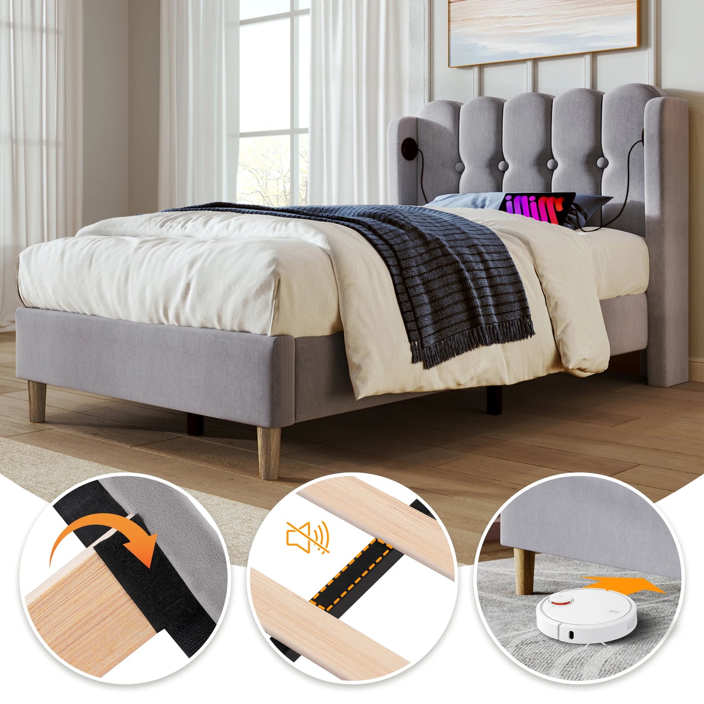 Merax Polsterbett Einzelbett USB Typ C Ladefunktion Lattenrost Grau 90x200 Jugendbett Leinen Schlafzimmer