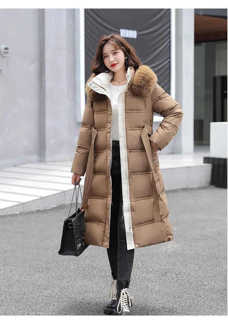 2024 neue Winter frauen Gepolsterte Jacken Mid-länge Modische Mit Kapuze Große Pelz Kragen Lose Dicke Unten Baumwolle Oberbekleidung damen.