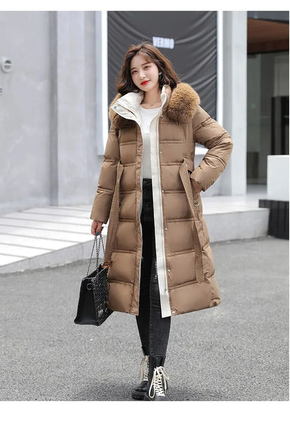 2024 neue Winter frauen Gepolsterte Jacken Mid-länge Modische Mit Kapuze Große Pelz Kragen Lose Dicke Unten Baumwolle Oberbekleidung damen.