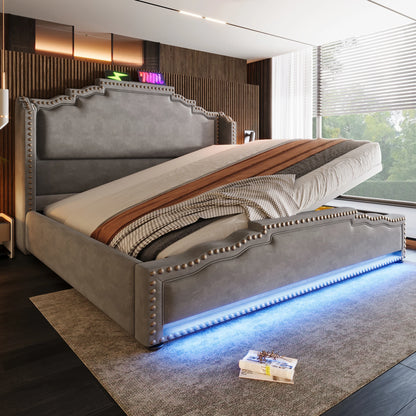 KOMHTOM Doppelbett Samt, Hydraulischer Stauraum, LED-Beleuchtung, USB-C-Ladeanschluss, ohne Matratze