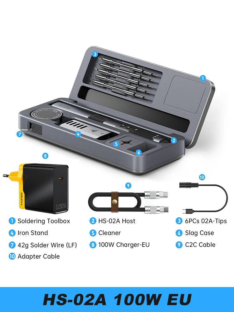 FNIRSI HS 02 Smart Soldering Iron Automatic Sleep 100-450℃ Temperature Rapid Heating PCB Soldering Station Portable Toolbox Kit