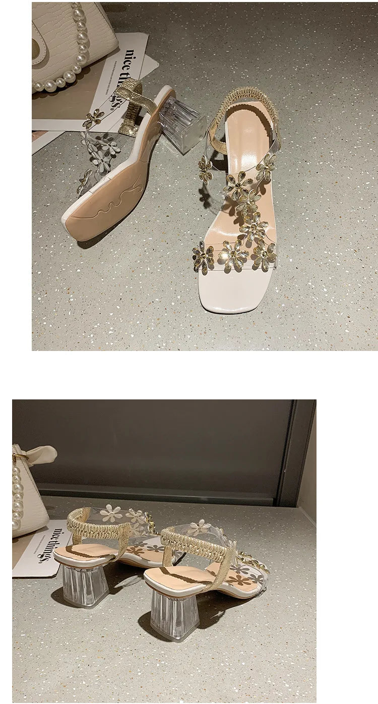 Women;s Sandals Pvc Crystal Flower Shoes for Women Decoration Chunky Heel Sandals Ladies Back Strap Fashion Shoes Female2024