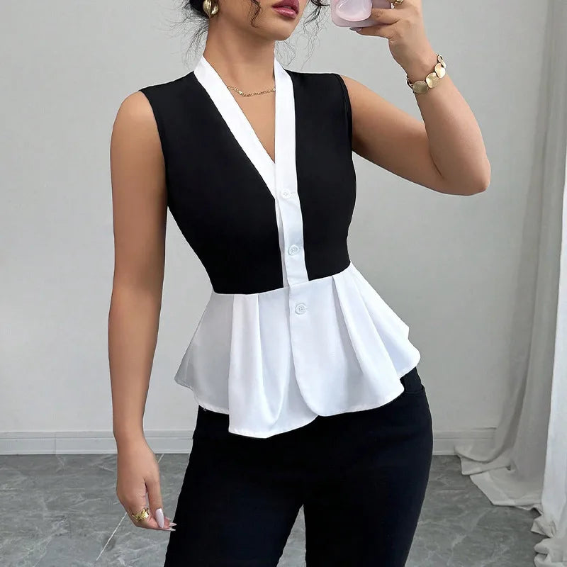 New Fall Women's Sleeveless Shirt, Black and White Block-Colored V-Neck Shirts, Asian Sizes S-XL..