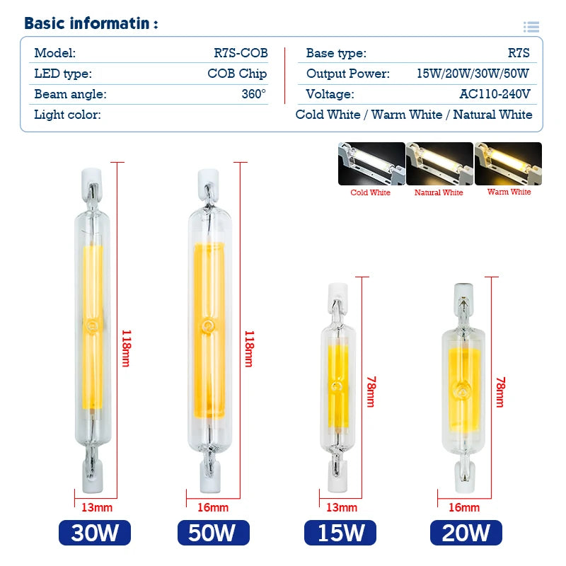 R7S LED 78mm 15W 20W R7S Spotlight 118mm 30W 50W AC 110V 220V 230V J78 J118 COB Lamp Bulb Glass Tube Replace Halogen Lamp Light.