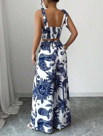 Sexy Strapback Halter Tops Long Pants Female 2-piece Set Summer Fashion Printed Wide-leg Pocket Trousers Elegant Women's Suit.