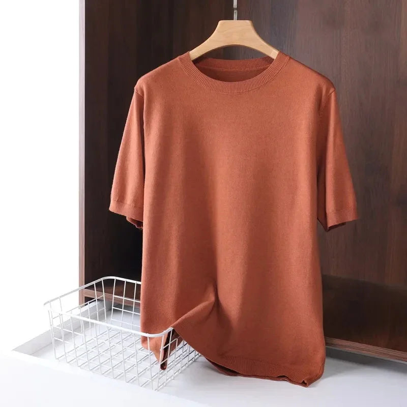 2025 Superfine Merino Wool T Shirt Men's Knitted O-neck Breathable Thin Cashmer Short Sleeve Tee Solid Color Tops.