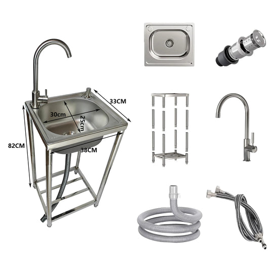 Freistehendes Edelstahl-Waschbecken, Außenspüle, Einzelschüssel, tragbares Outdoor-Camping-Waschbecken mit Abfluss und Warm- und Kaltwasserhahn