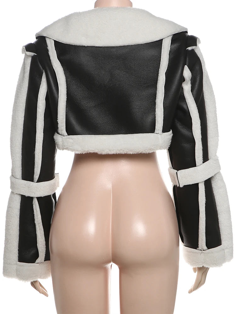 Weird Puss Furry Patchwork Women Crop Jacket Hipster Full Sleeve Open Stitch Hipster Streetwear Warm Outwear Basic Wild Coat.