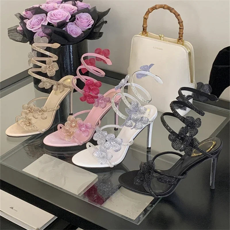 Aneikeh Street Style CRYSTAL Narrow Band Thin High Heels Women Sandals 2026 Summer Open Toe Ankle Strap Female Shoes.