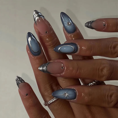 24Pcs False Nails Spicy Girl Silver Bow with Diamond Fake Nails with Glue Almond Press on Nails Black Cool Y2k Almond Nail Set