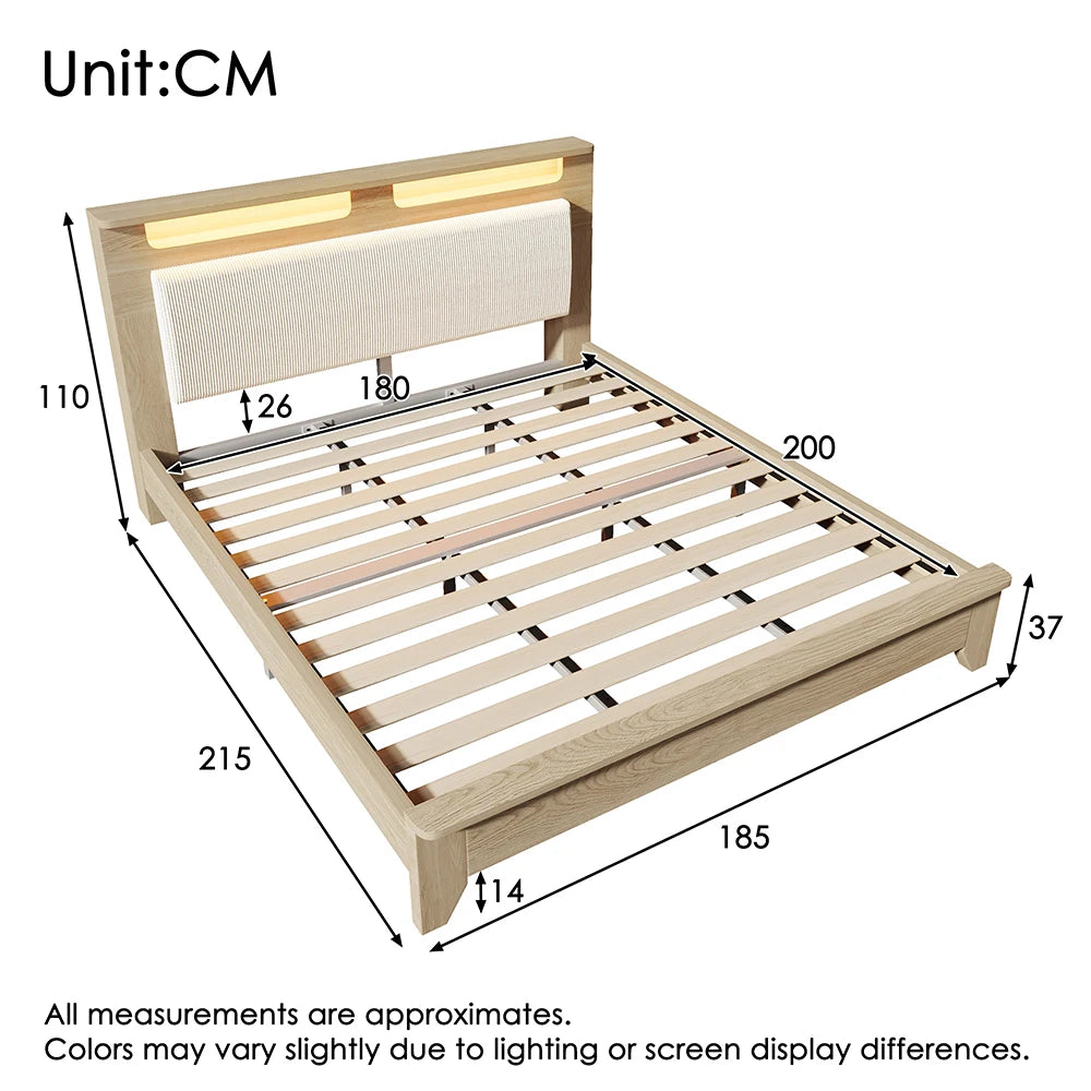 KOMHTOM Holzbett, Kopfteil mit Stauraum, LED-Beleuchtung und beigefarbener Cordpolster-Rückenlehne (Ohne Matratze)
