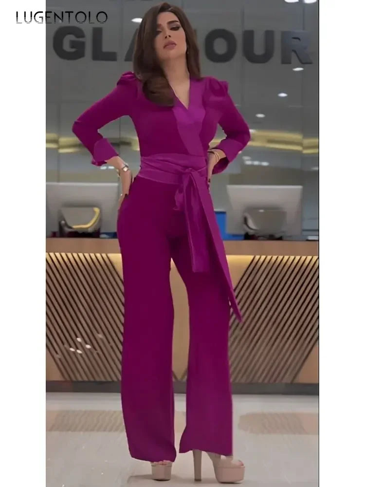 Women Sexy Jumpsuits Party Long Sleeve V-neck Prom New Lace-up Rose-red Spring Summer Lady Elegant High Waist Casual Trousers.