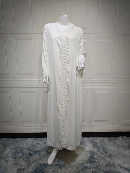 Weißer offener Kimono Abaya Dubai Luxus 2025, muslimische Spitzenabayas für Frauen, Kaftan-Kleid, Kebaya, islamische Kleidung, Robe Femme, Musulmane.