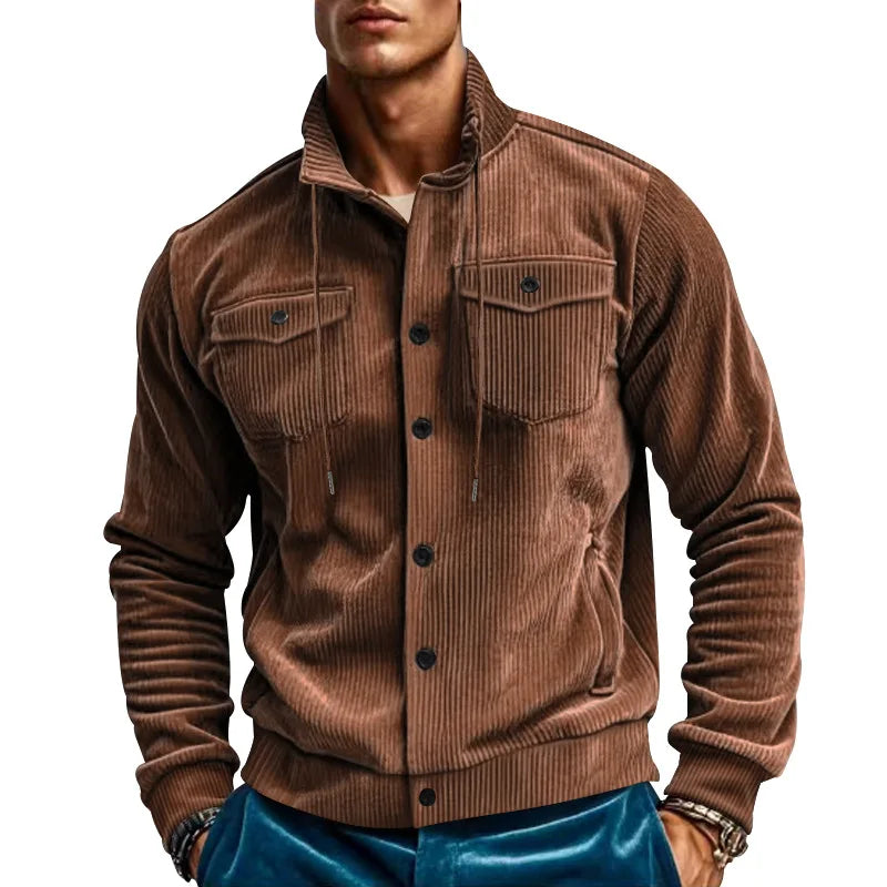 Men's Corduroy Jacket Stand-up Collar Slim Fit Retro Multi-pocket Workwear Commuter Coat for Spring And Autumn