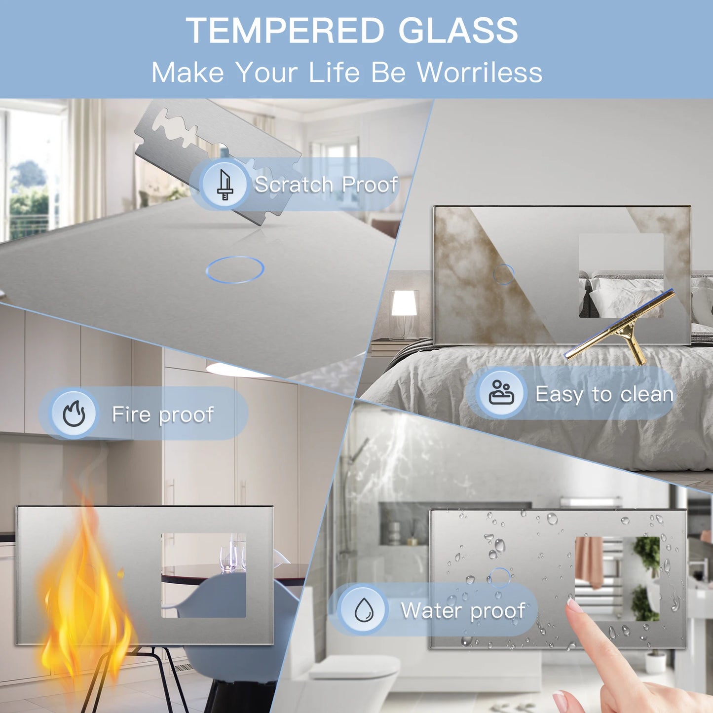 Bseed EU-Standard 1/2/3 Gang Licht-Touch-Schalter Home Wandschalter Graues Glas Sensorschalter Typ-C USB-Stromladebuchsen.