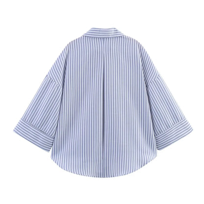 Summer Women's Curled Wide Sleeves Linen Blended Striped Asymmetric Casual Shirt Versatile Collar Linen Blended Printed Shirt.