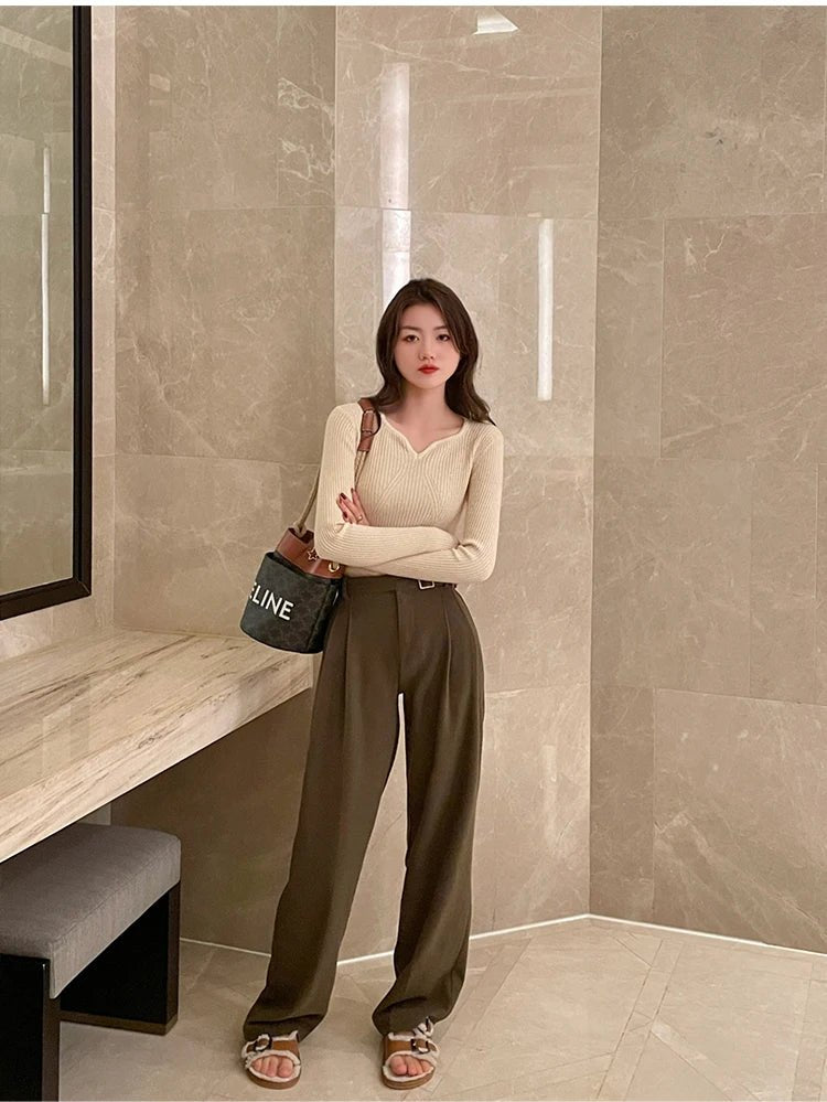 2025 grundlegende V-ausschnitt Chic Herbst Winter Pullover Frauen Weibliche Gestrickte Rippen Pullover Dünne Lange Hülse Badycon Hohe Qualität Pullover | H&D Shop