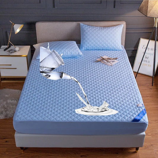 New Quilted Waterproof Mattress Cover Solid Color Waterproof Antibacterial Breathable Elastic Band Fixed Mattress Cover.