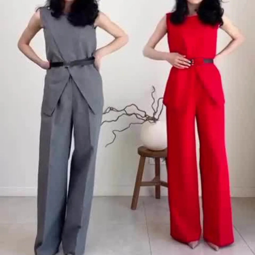 Women Women Piece Set High Waist Pocket Pant Sets Tops Solid Sleeveless Spliced Elegant Round Neck Top Suits Office Lady.