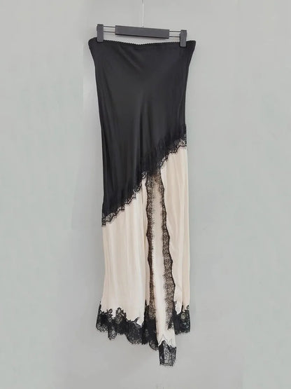 GALCAUR Hit Color Sheer Spliced Lace Elegant Skirts for Women High Waist Patchwork Split Temperament Skirt Female Fashion Style.