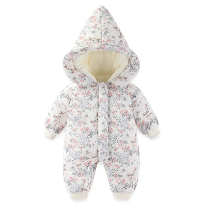 Body für Neugeborene und Mädchen, verdickter, wasserdichter, bedruckter Schneeanzug, 0–24 Monate, Kleinkind-Jungen-Overall mit Kapuze, warmes Winter-Einteiler-Outfit.