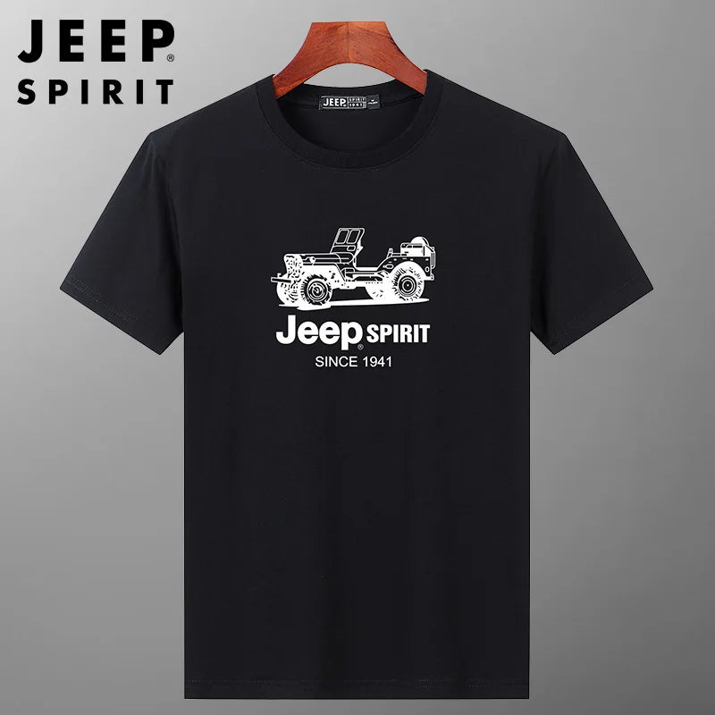 JEEP SPIRIT Mens T-shirt Summer 100%Cotton 230g Heavy Print Sports Breathable Round Neck Top Loose Solid Short Sleeve
