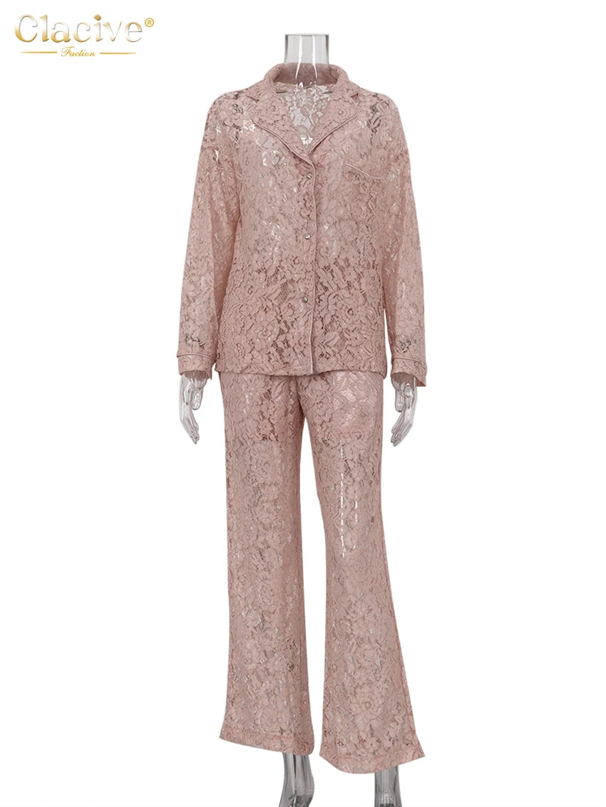 Clacive Sexy Loose Black Lace See Through Trousers Sets Women 2 Pieces Fashion Long Sleeve Shirt With High Waist Wide Pants Set.