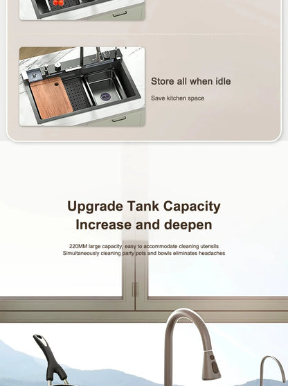 Küchenspüle, Wasserfall-Waschbecken aus Edelstahl, extra großer Einzelschlitz mit Digitalanzeige, Wasserhahn-Set für die Küche