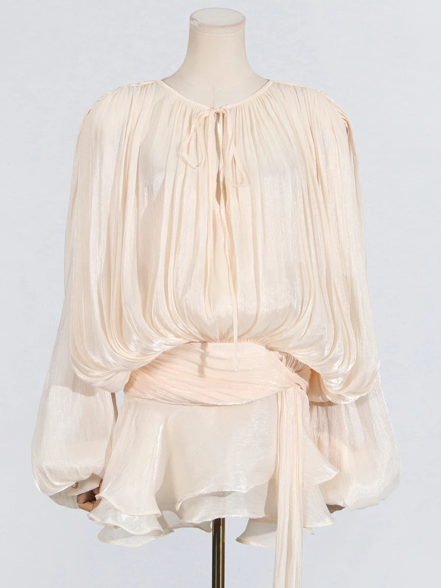 GALCAUR Solide Lose Splicd Lace Up Kleider Für Frauen V-ausschnitt Mit Langen Ärmeln Patchwork Rüschen Tunika Kleider Weibliche Mode Neue