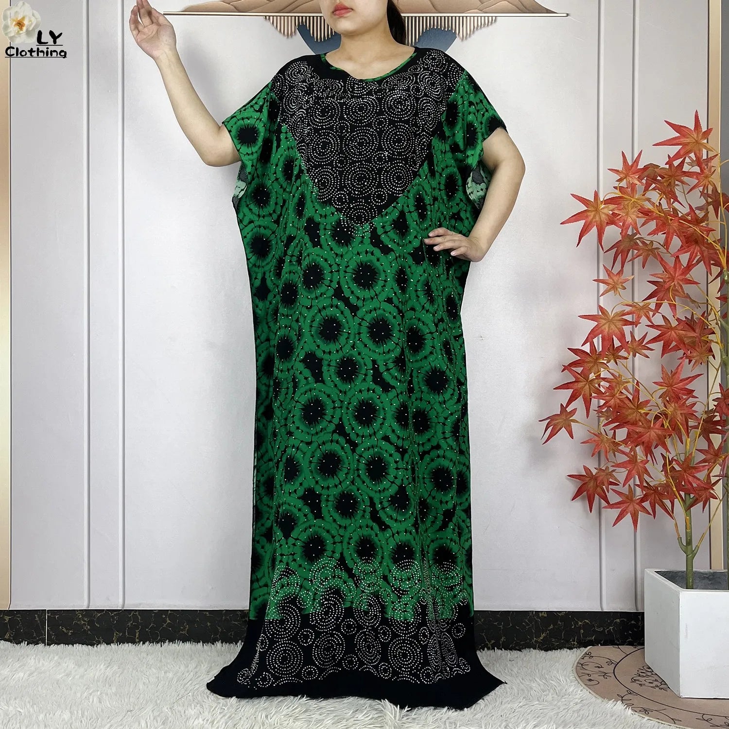 2024 New Muslim Women Dashiki Printed Dress Flower Diamonds Loose Dress With Big Scarf Islamic African Women Short Sleeve Abaya.