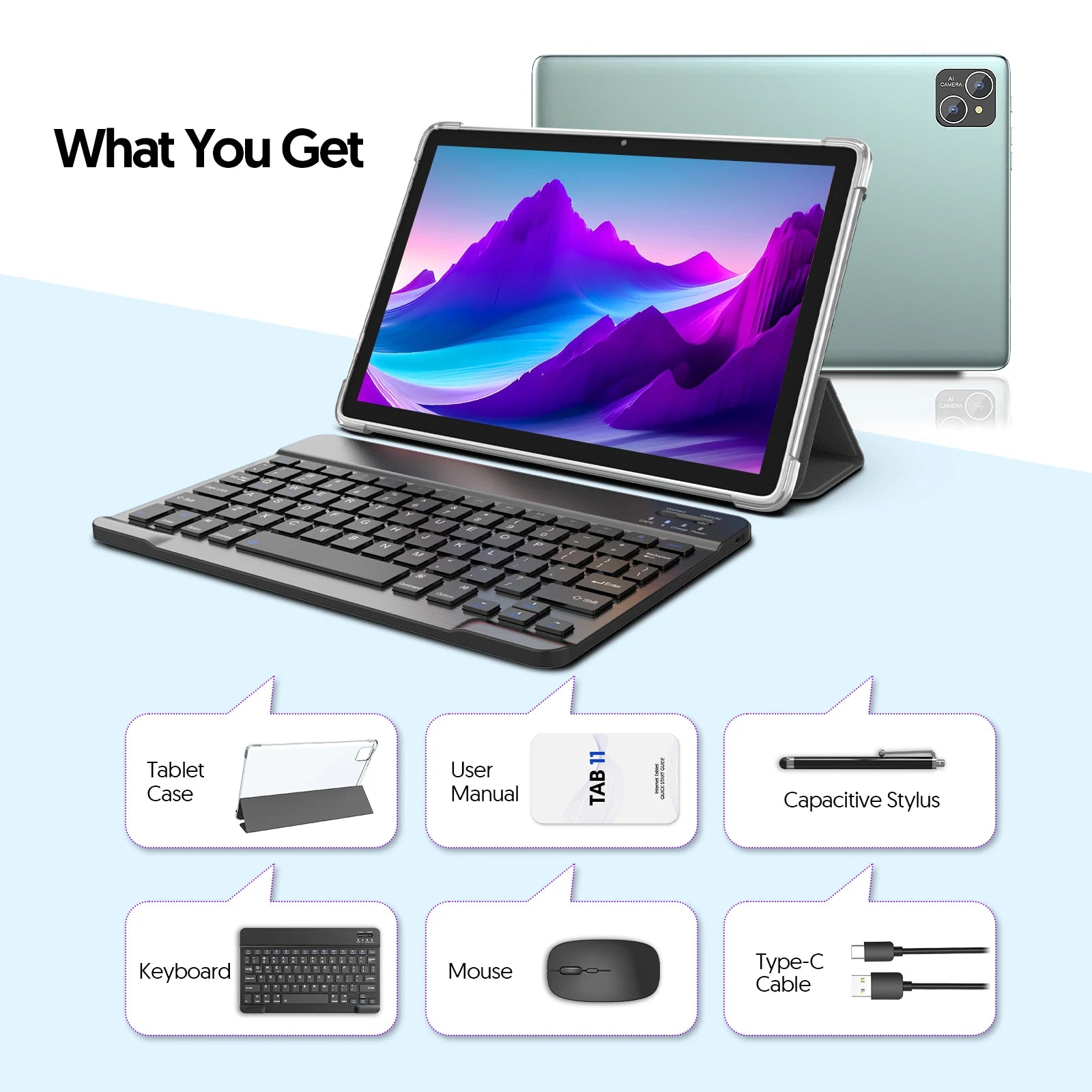 Android 14 tablet, with keyboard, mouse, protective case, stylus, 8(4+4) GB+128GB, octa-core processor, GMS certification.