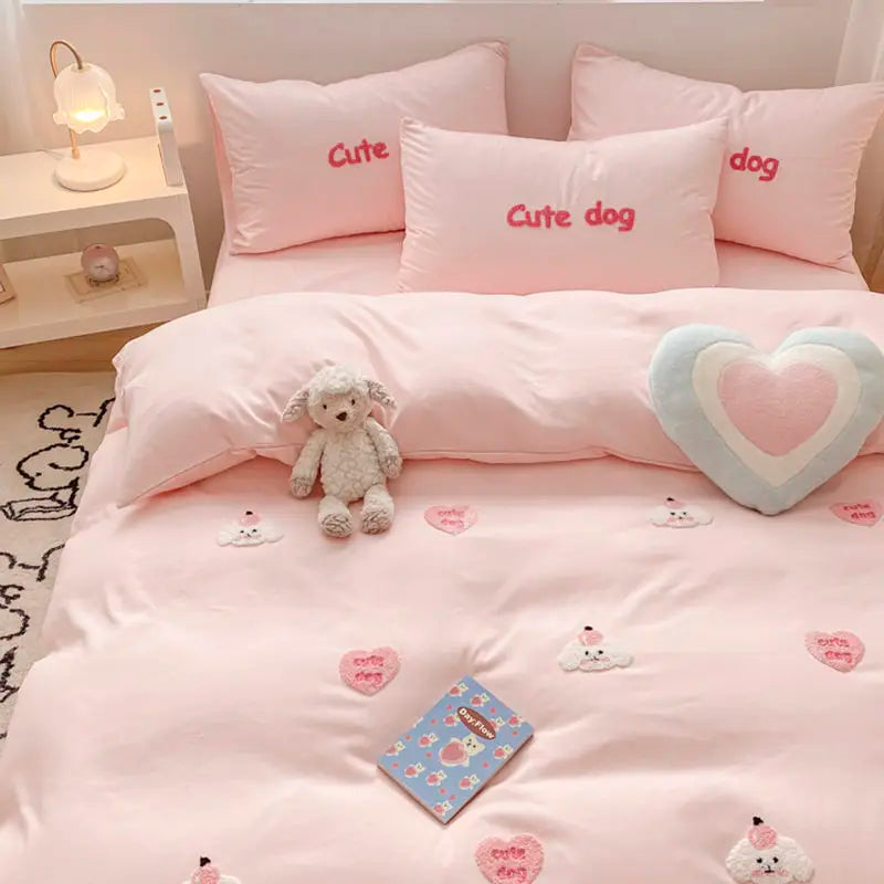 Ins Girly Heart Towel Embroidery Bedding Four-piece Set Soft Washed Cotton Bed Sheet Quilt Cover Three-piece Set.