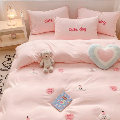 Ins Girly Heart Towel Embroidery Bedding Four-piece Set Soft Washed Cotton Bed Sheet Quilt Cover Three-piece Set.