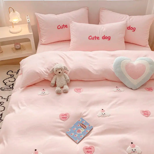 Ins Girly Heart Towel Embroidery Bedding Four-piece Set Soft Washed Cotton Bed Sheet Quilt Cover Three-piece Set.