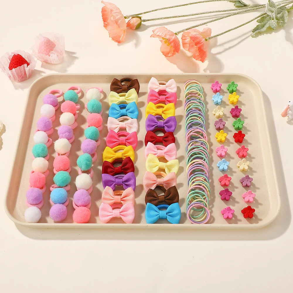 120PCS Kids Hair Accessories Set for Girls Colorful Bowknot Elastic Ponytail Holders Kids Baby Rubber Bands Ties Hair Bands.