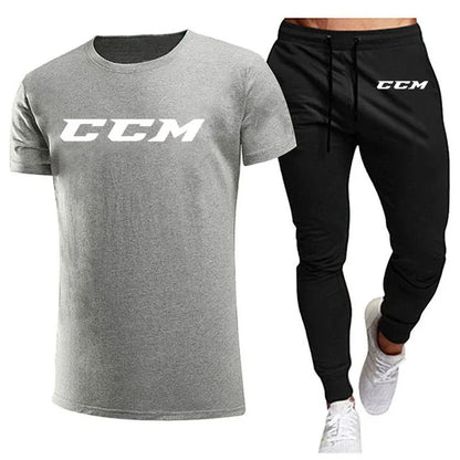 CCM New Men's Tracksuits summer men's sets fitness wear short-sleeved T-shirts+trousers set cotton brand Men's clothing.