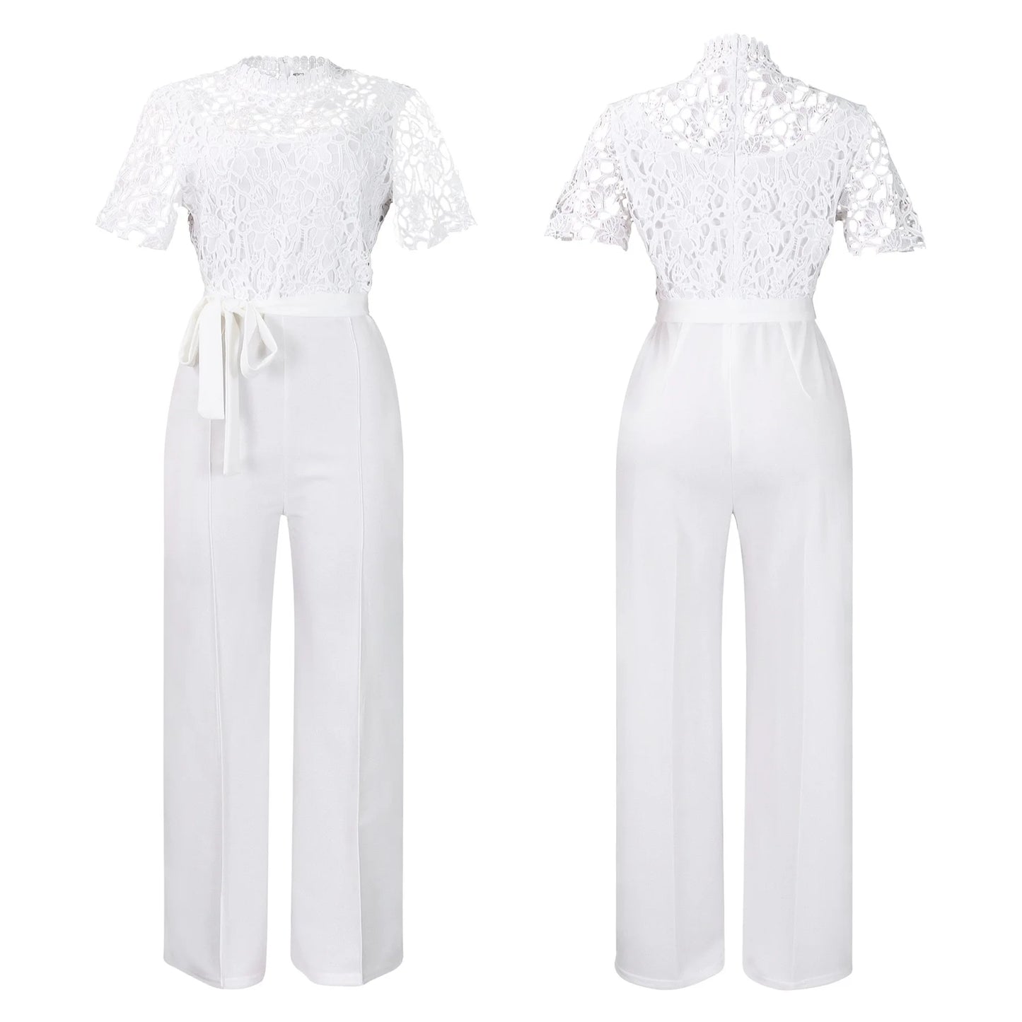 Elegant Jumpsuits & Rompers for Women O Neck Lace Patchwork Short Sleeve Sashes High Waisted Luxury Birthday Party Dinner Outfit