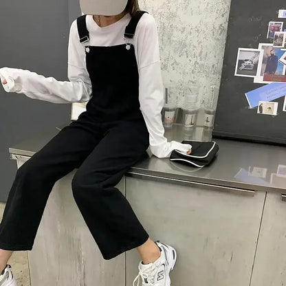 Jumpsuits Women Solid Retro Japanese Style Streetwear Denim Suspenders Trousers Harajuku Stylish Hip Hop Straight Overalls Teens