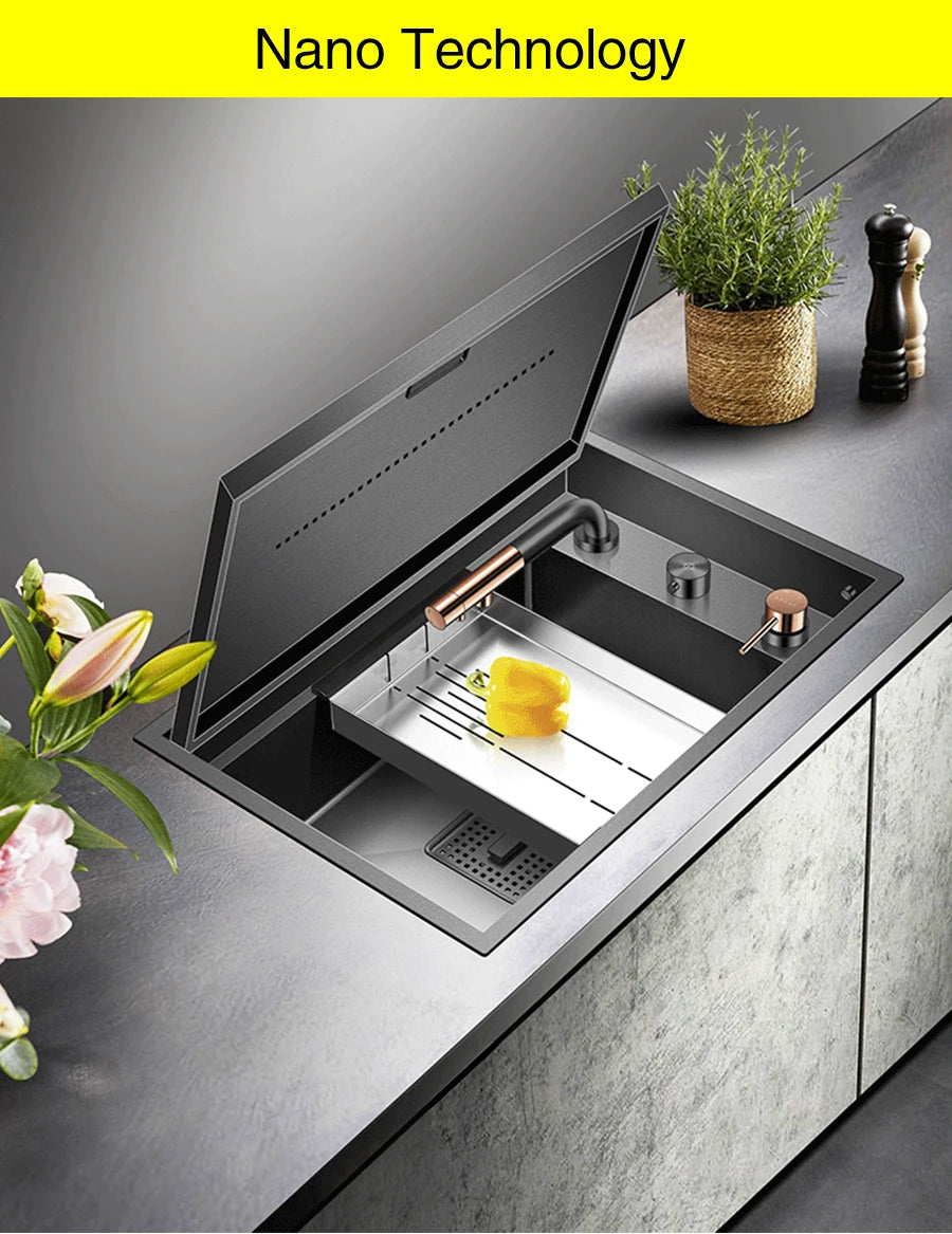Nanometer Black Hidden kitchen Sink SUS 304 Stainless Steel 4mm Thickness Flip Cover Hidden Handmade kitchen Sinks