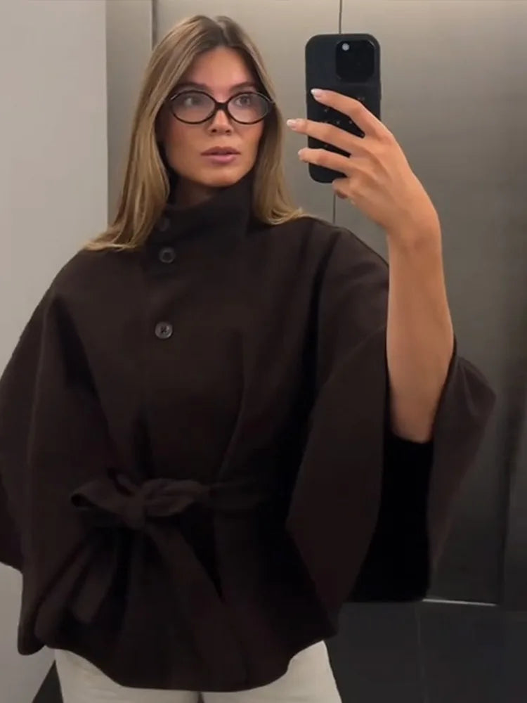 Damenmantel, kurze Cape-Mäntel für Damen, Gürtel, Mäntel aus Kunstwolle und Mischungen, Herbst-Winter, feste Mäntel, elegante Umhangjacke für Damen.