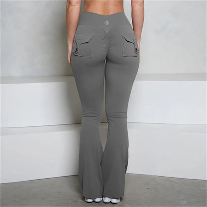 Allure The Brand Pocket Flare Scrunch Butt Pants ATB Women Tight-Fit Sexy Slim High Waist Pants Push Up Fitness Flare Leggings.