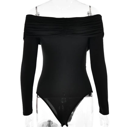 New Solid Sexy Off Shoulder Bodysuits Women Fashion Crossed Folds Skinny Rompers Long Sleeve Fashion Streetwear Autumn Bodysuits