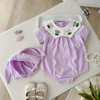 0-2Y Sommer Baby Mädchen Kleidung Kleinkind Mädchen Body & Einteilige Tulpe Stickerei Kleidung Mit Hut.