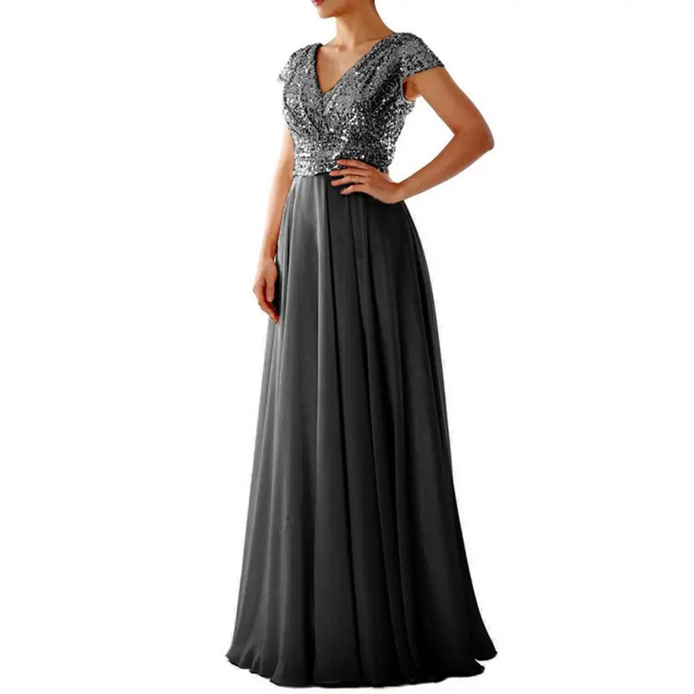 Elegantes Pailletten Chiffon Kleid für Frauen V-Ausschnitt Plissee Saum weibliche Pailletten Chiffon Abschluss ball Cocktail langes Kleid Hochzeit Abendkleid.