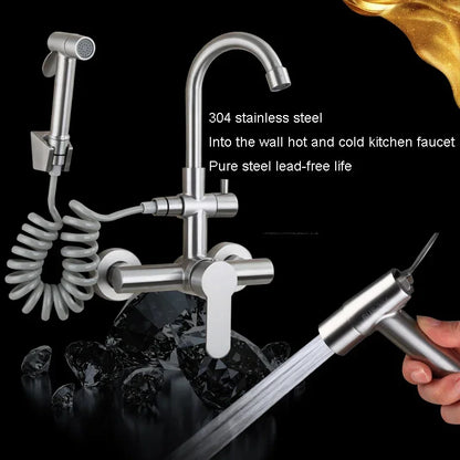 Kitchen Faucet Stainless Steel Double Hole Hot and Cold Mixing Tap Wall Mount Balcony Laundry Swivel Tap With Spray Gun 주방수전